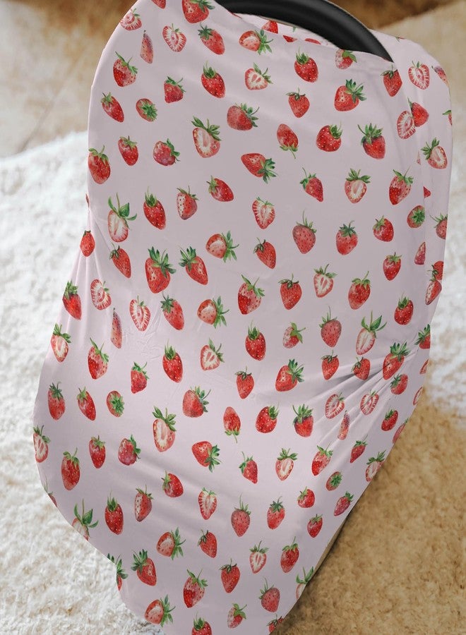 ZoUbqchY Red Strawberries Car Seat Cover for Babies Watercolor Strawberries Fruit Stretchy 5-in-1 Cover Adjustable Car Canopy Breastfeeding Cover Sweet Summer Pink Breathable Nursing Cover-Up - Image 2